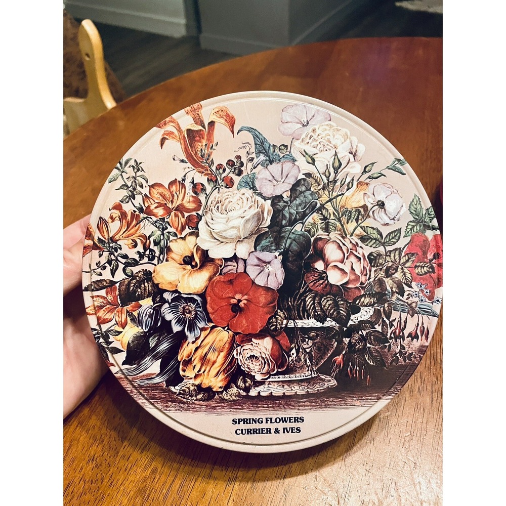 Currier & Ives Spring Flowers Round Tin Decorative Collectible